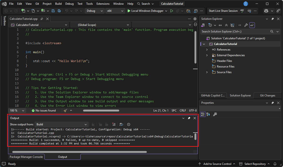 Snímek obrazovky s oknem výstupu Visual Studio zobrazující zprávu, že sestavení proběhlo úspěšně