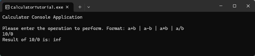 Snímek obrazovky konzoly ladění sady Visual Studio zobrazující výsledek operace dělení nulou