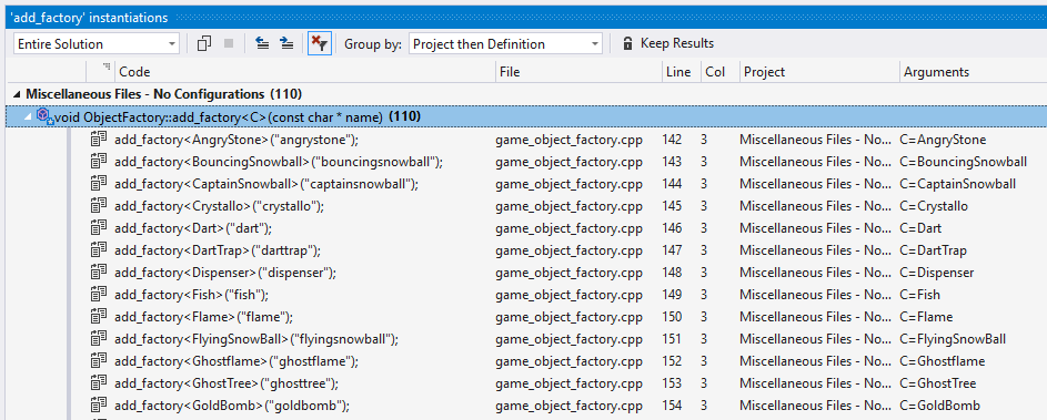 Snímek obrazovky se seznamem instancí šablony v kódu Jsou uvedeny instance, soubor, umístění a argumenty.