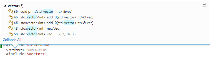Snímek obrazovky s oknem kontextu C++ Include Diagnostics zobrazující, kde se používá kód ze souboru hlavičky vektoru