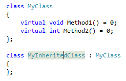 Snímek obrazovky třídy, která má dvě čistě virtuální funkce s názvy Method1 a Method2 Prázdná třída s názvem MyInheritedClass je odvozena z ní.