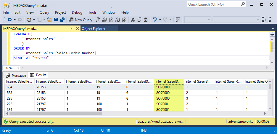 DaX Evaluate order by Sales order number statement