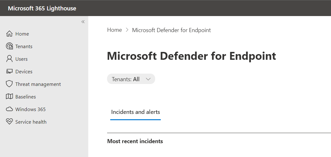 snímek obrazovky se seznamem incidentů v Microsoft 365 Lighthouse