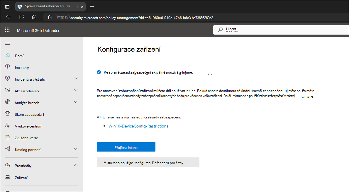 Snímek obrazovky s výzvou, aby uživatel dál používal Intune nebo přepnul na portál Microsoft Defender