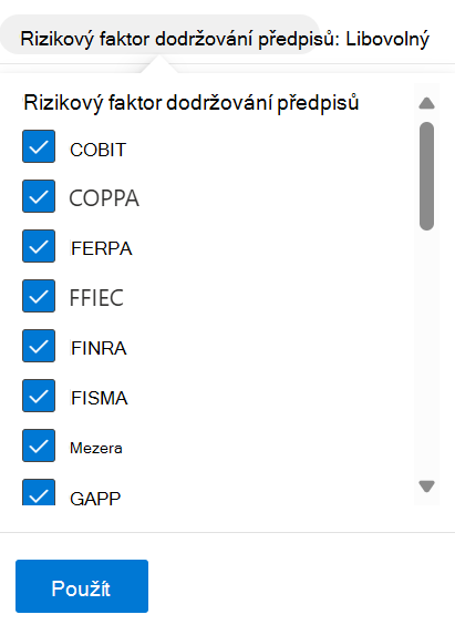 Snímek obrazovky znázorňující rizikové faktory dodržování předpisů