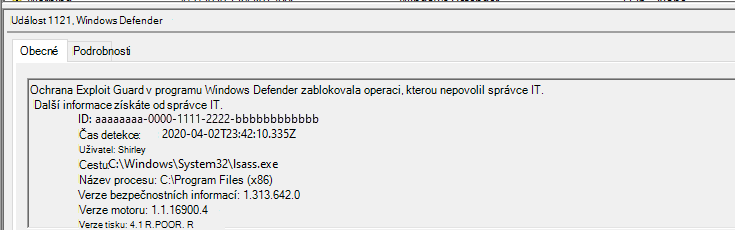 Snímek obrazovky s blokováním krádeže přihlašovacích údajů ze služby LSASS