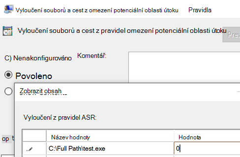 Snímek obrazovky s vyloučením souborů z pravidel ASR