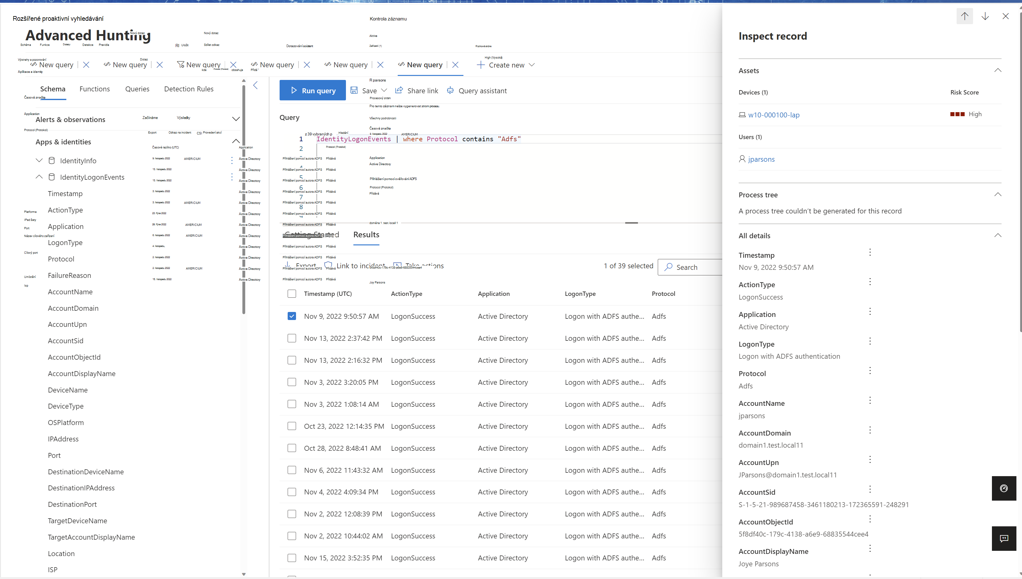 Snímek obrazovky s výsledky dotazu rozšířeného proaktivního vyhledávání služby Active Directory Certificate Services