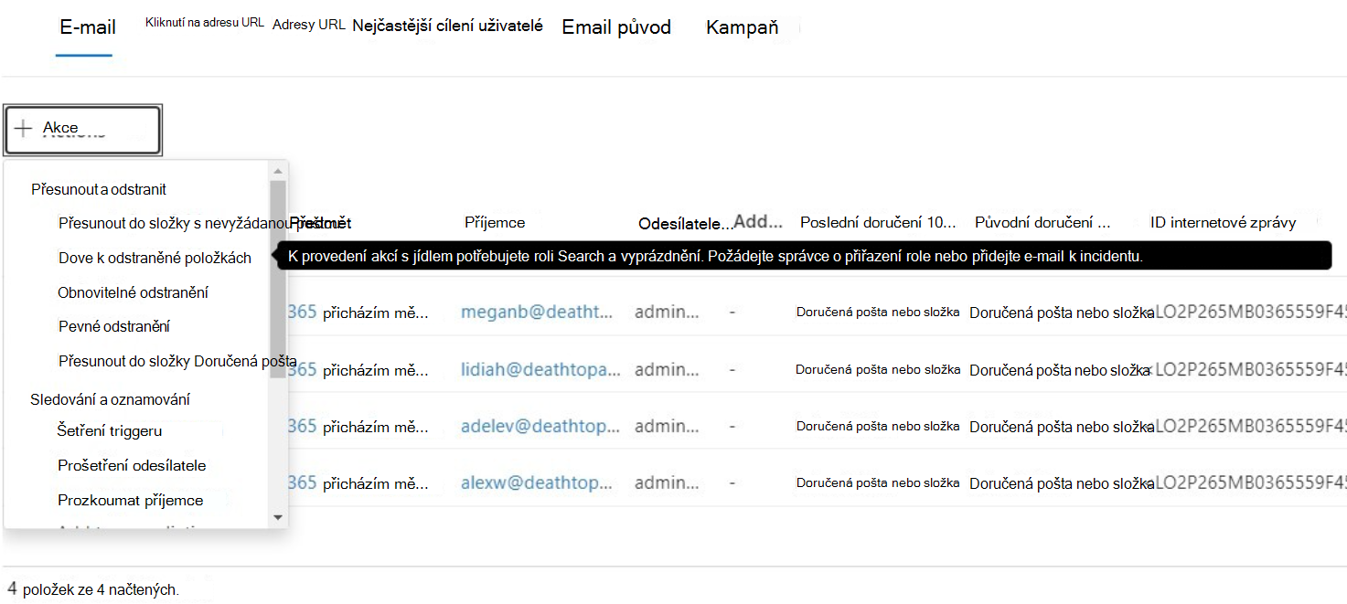Podokno Akce na kartě Email