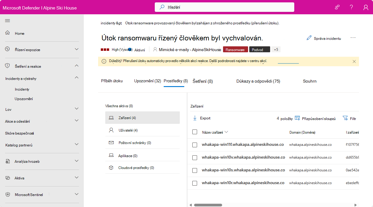 Snímek obrazovky stránky Uživatelé pro incident na portálu Microsoft Defender.
