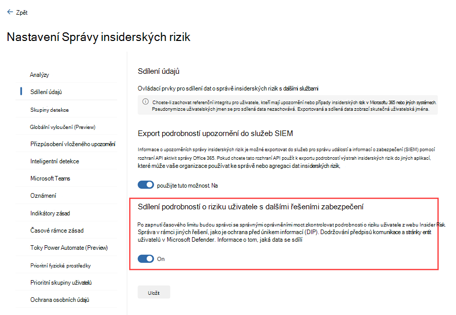 Zvýraznění nastavení v portálu Microsoft Purview, které je vyžadováno, aby se výstrahy rizik insiderů zobrazovaly v programu Defender XDR.