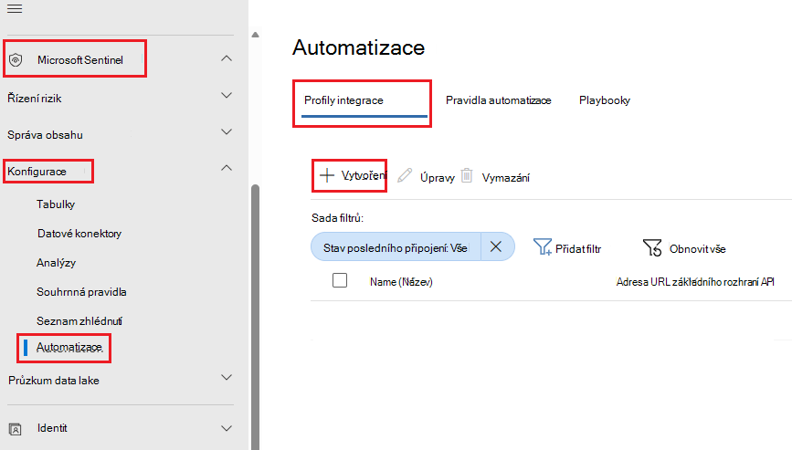 Snímek obrazovky s kartou Profil integrací na stránce Automatizace se zvýrazněným tlačítkem Vytvořit.