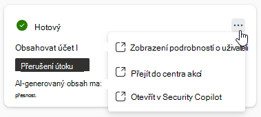 Snímek obrazovky znázorňující možnosti dostupné uživatelům na kartě odpovědi automatizace v podokně Copilot v Microsoft Defender XDR