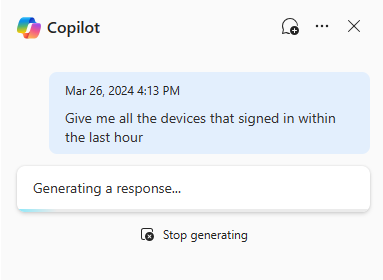 Snímek obrazovky Copilotu pro Security v rozšířeném proaktivním vyhledávání, který generuje odpověď.
