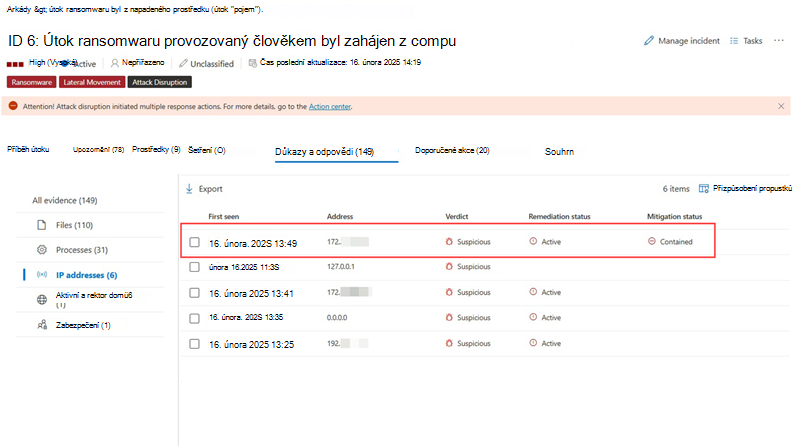 Snímek obrazovky zvýrazňující izolovanou IP adresu na kartě Důkazy a reakce incidentu.