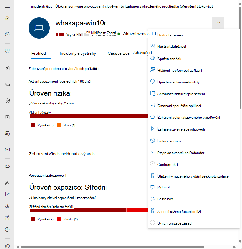 Snímek obrazovky s panelem akcí pro stránku entity zařízení na portálu Microsoft Defender