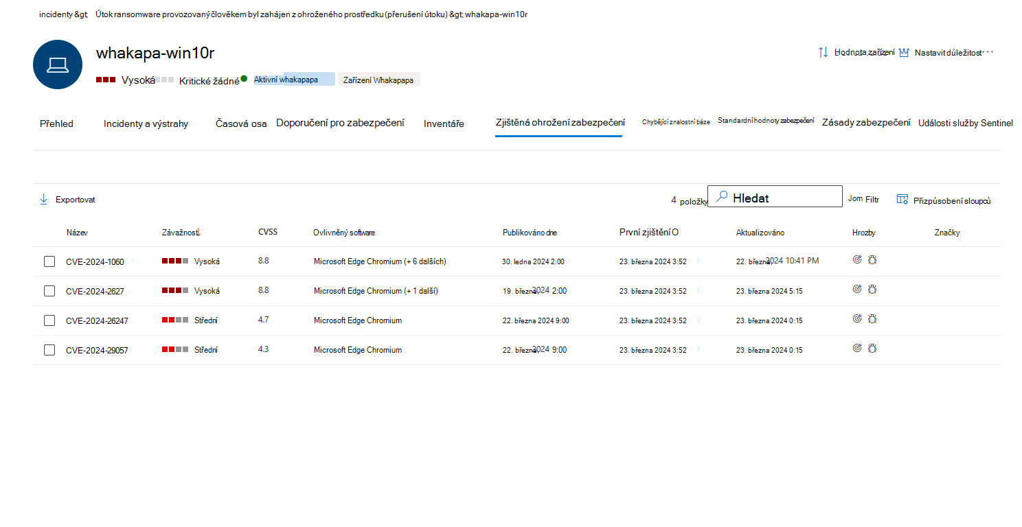 Snímek obrazovky s kartou Zjištěná ohrožení zabezpečení pro profil zařízení na portálu Microsoft Defender