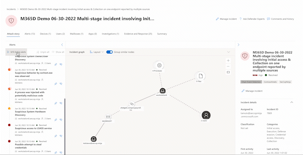 Snímek obrazovky znázorňující přehrávání upozornění a uzlů na stránce grafu příběhu útoku