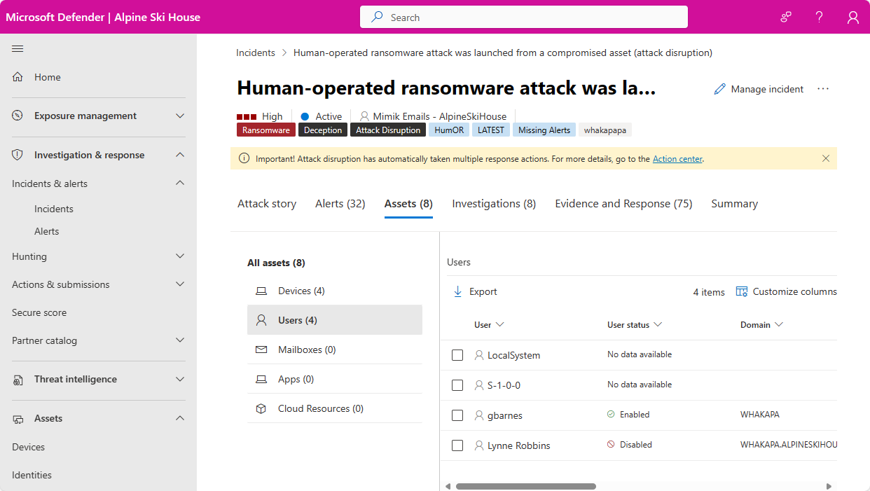 Snímek obrazovky se stránkou Uživatelé pro incident na portálu Microsoft Defender
