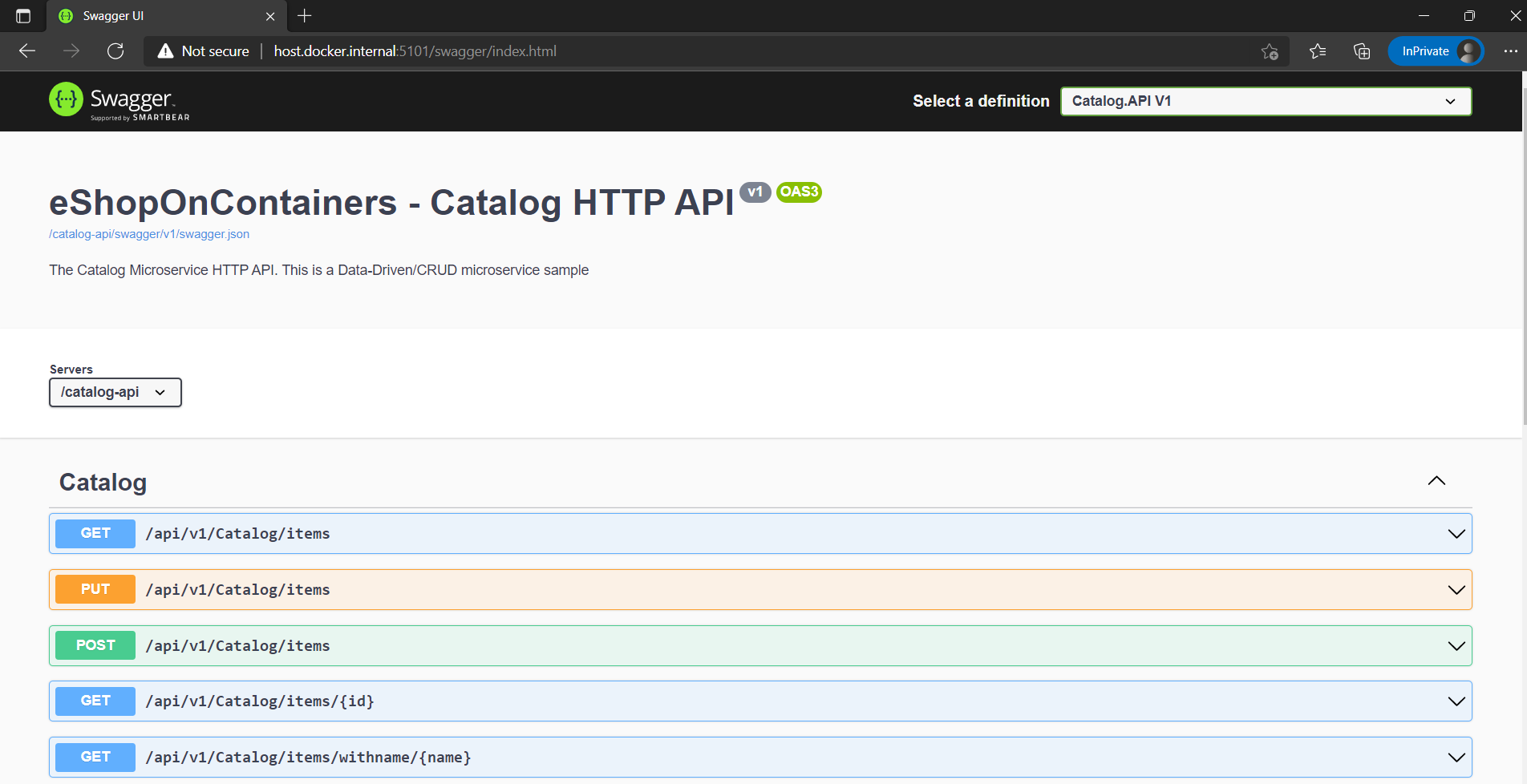 Snímek obrazovky s Průzkumníkem rozhraní API Swagger zobrazující rozhraní API eShopOContainers