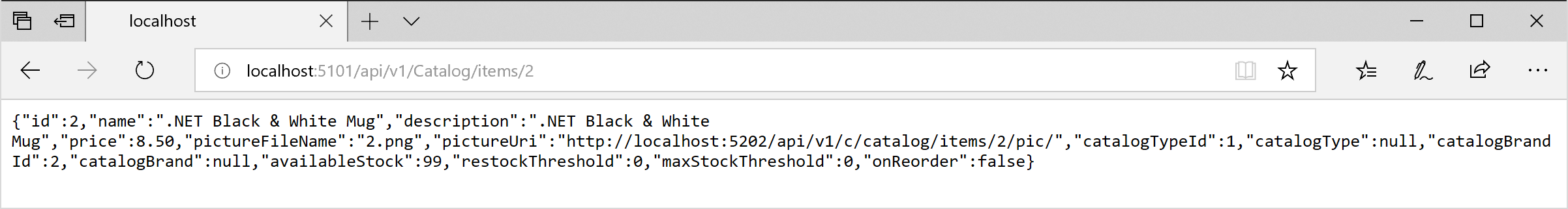 Snímek obrazovky prohlížeče zobrazující přímou odpověď na Catalog.api