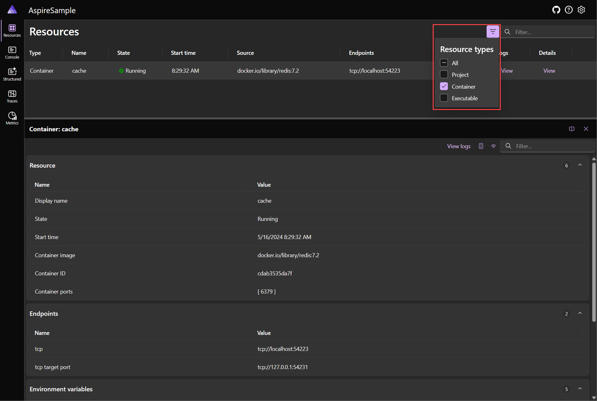 A screenshot of the resource type selector list in the .NET Aspire dashboard Resources page.
