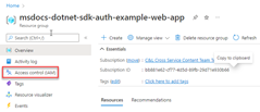 Snímek obrazovky znázorňující umístění položky nabídky Řízení přístupu (IAM) v levé nabídce skupiny prostředků Azure