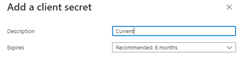 A screenshot showing the page where a new client secret is added for the application service principal create by the app registration process.
