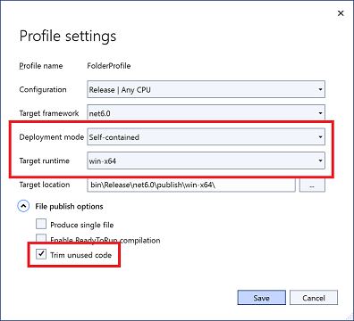 Profile settings dialog with deployment mode, target runtime, and trim unused assemblies options highlighted.