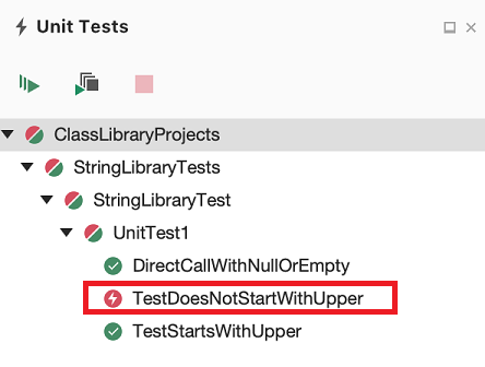 Test Explorer window with failing tests