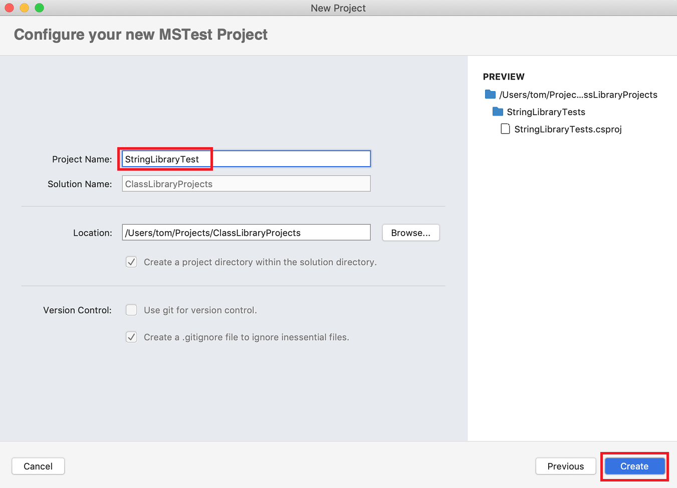 Visual Studio Mac New Project dialog providing project name