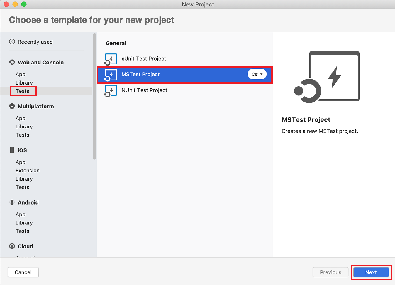 Visual Studio Mac New Project dialog creating test project
