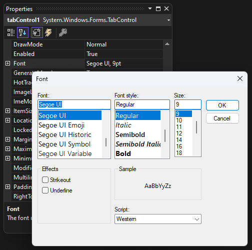 Dialogové okno Písmo sady Visual Studio pro aplikaci model Windows Forms