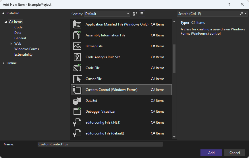 Dialogové okno Přidat položku v sadě Visual Studio pro model Windows Forms