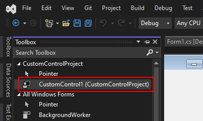 Okno sady nástrojů sady Visual Studio pro model Windows Forms zobrazující vlastní ovládací prvek