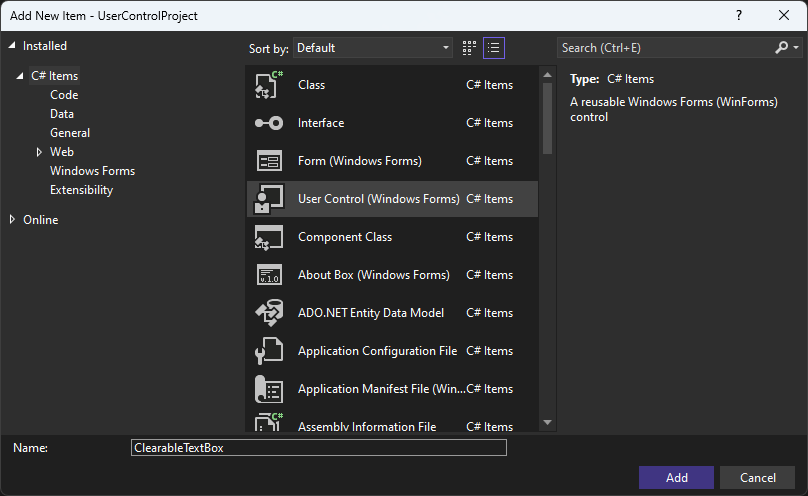 Dialogové okno Přidat položku v sadě Visual Studio pro Windows Forms