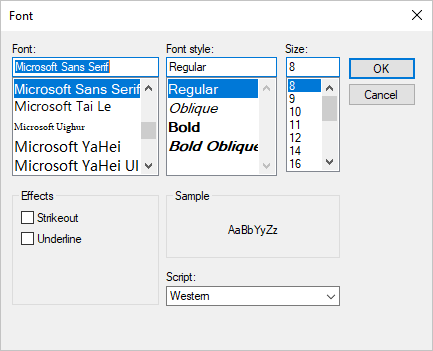 Podokno Vlastnosti sady Visual Studio pro .NET model Windows Forms s oknem Nastavení písma