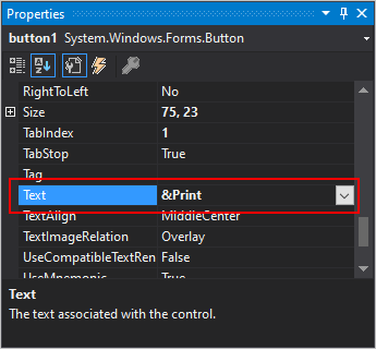 Podokno Vlastnosti sady Visual Studio pro .NET model Windows Forms se zobrazenou vlastností Text