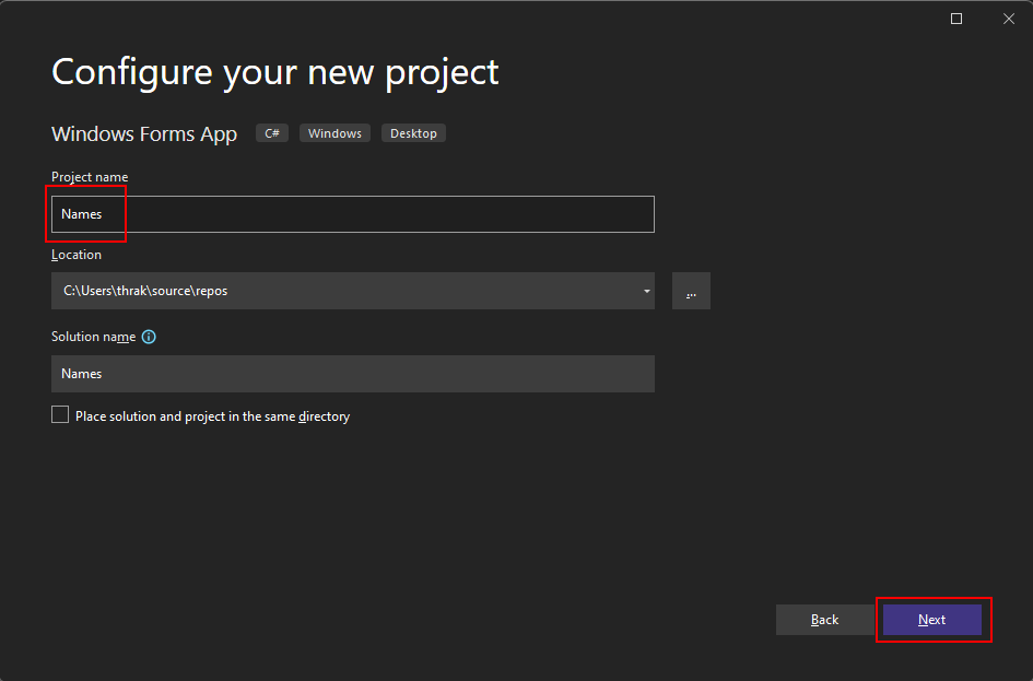 Nakonfigurujte nový projekt model Windows Forms v sadě Visual Studio 2022 pro .NET.