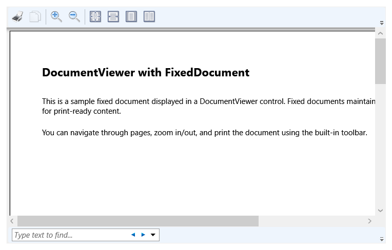 Snímek obrazovky ovládacího prvku DocumentViewer s otevřeným ukázkovým dokumentem