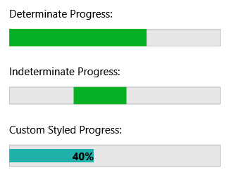 Typický ovládací prvek ProgressBar znázorňující vyplnění modrého indikátoru průběhu zleva doprava
