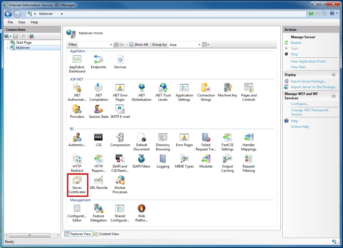 mg_INetMgrHome IIS Manager Home Screen