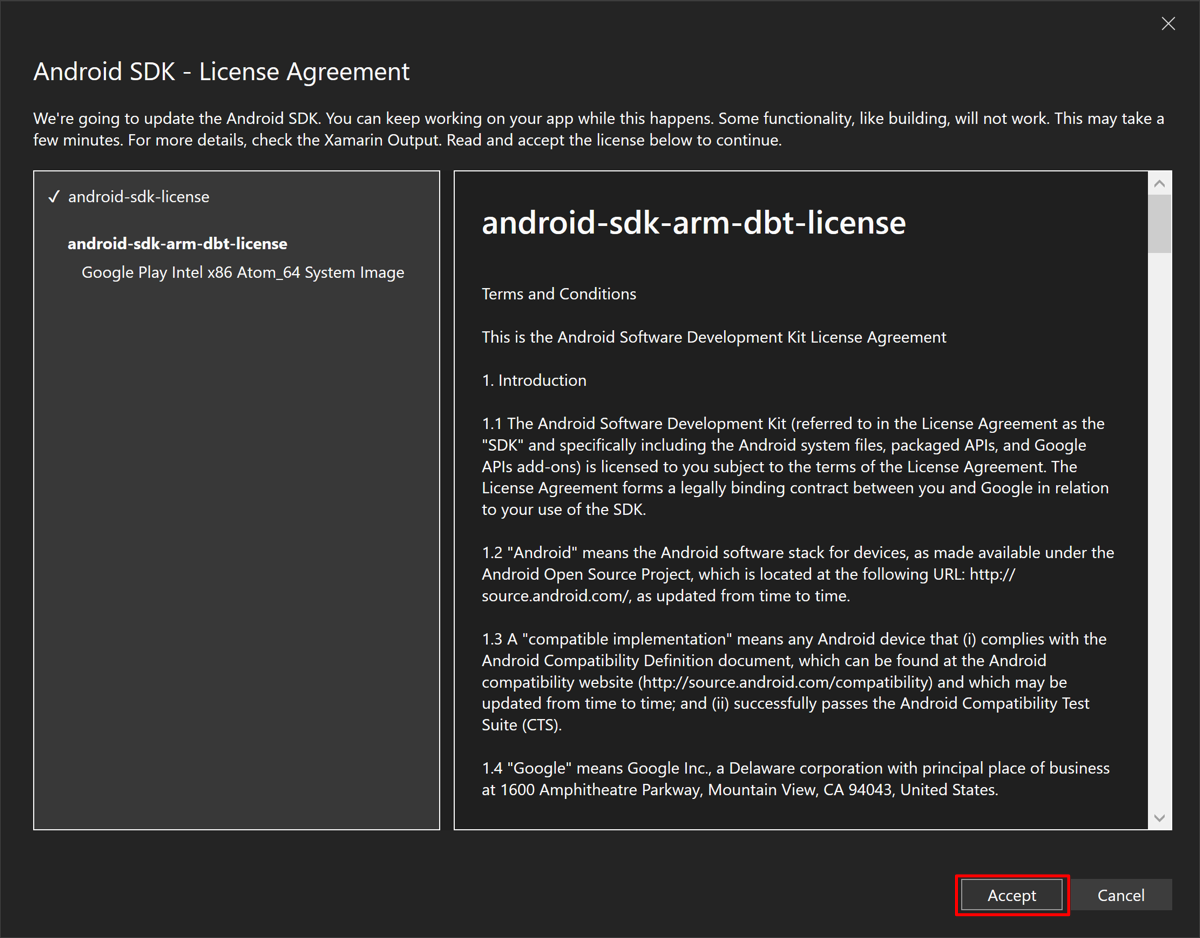 Druhé okno licenční smlouvy se sadou Android SDK