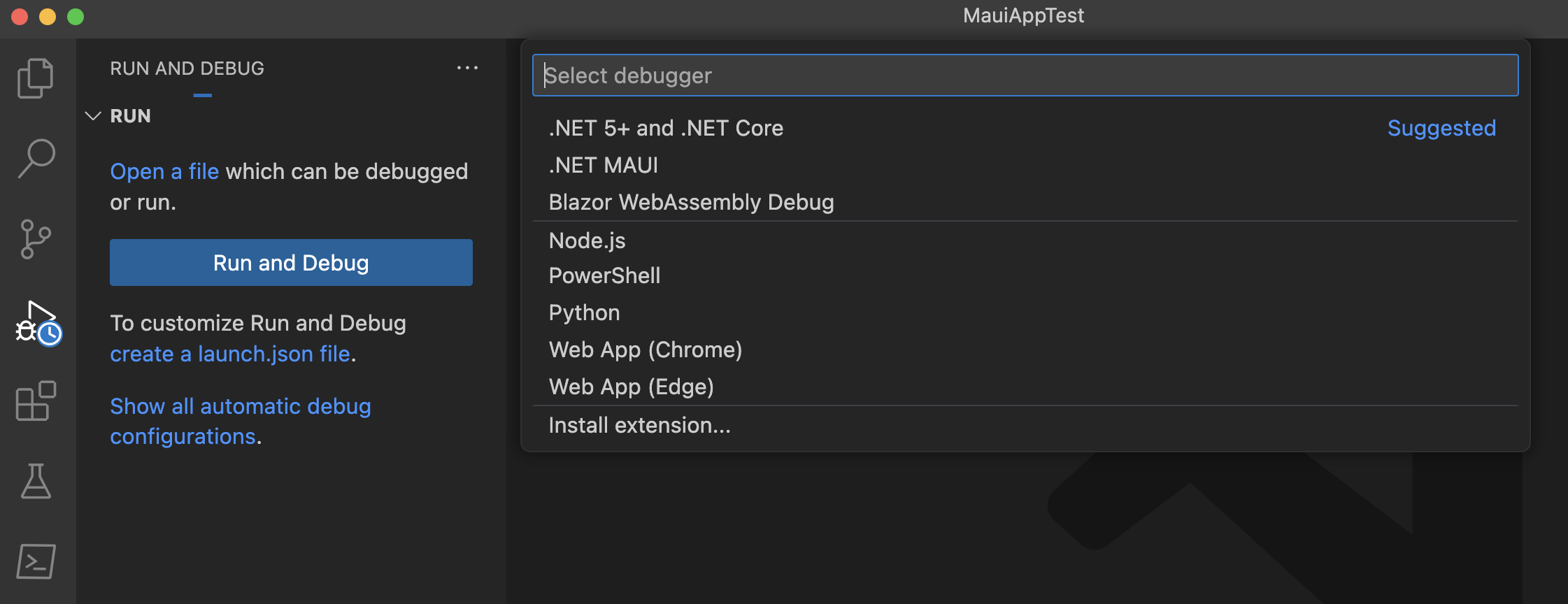 Snímek obrazovky s nabídkou spuštění a ladění v editoru Visual Studio Code