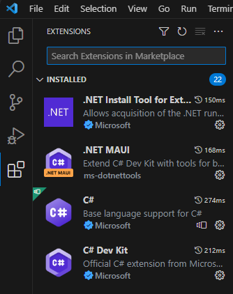 Snímek obrazovky s podoknem rozšíření editoru Visual Studio Code zobrazujícím rozšíření .NET MAUI