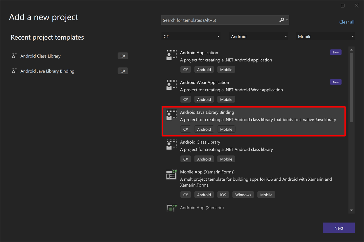 Snímek obrazovky projektu vazby Android Java knihovny ve Visual Studio.