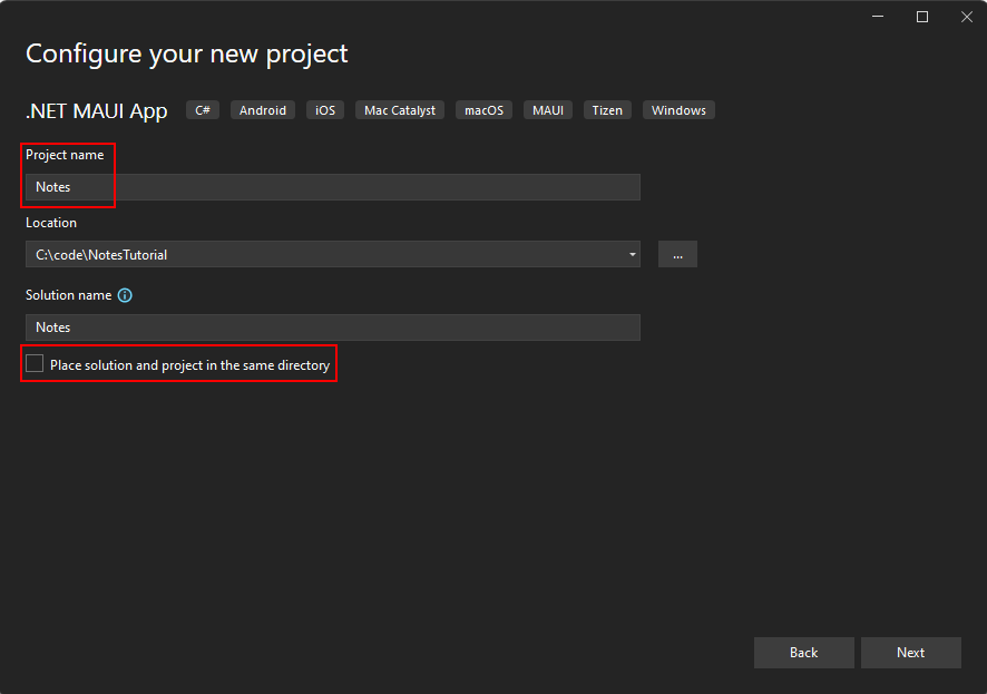 Nastavte název projektu .NET MAUI na Poznámky v sadě Visual Studio.