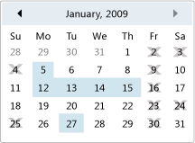 Kalendář s kalendářními daty, která nelze vybrat.