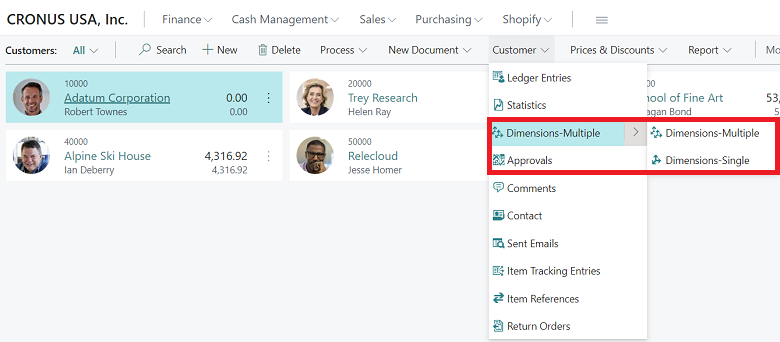 Screenshot shows a split button introduced in the Customer action group in Customer List.