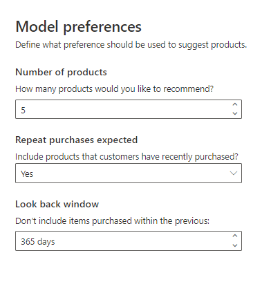 Předvolby modelu pro model doporučení produktů.